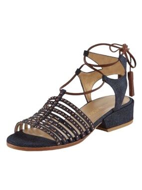 Stuart Weitzman Skippity Antique Denim Strappy Tassel Wrap Sandals 7.5